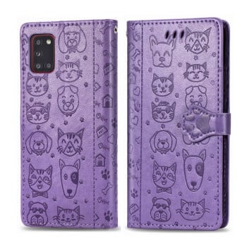 Чехол-книжка Cute Cat and Dog Embossed на Samsung Galaxy A31 - фиолетовый