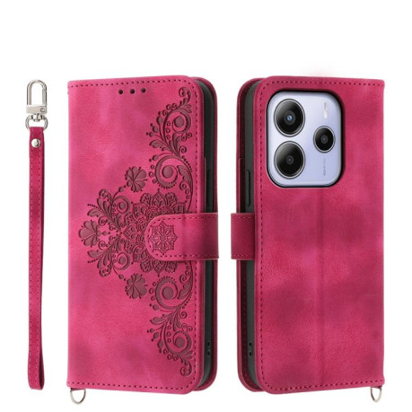 Чохол-книжка Skin-feel Flowers Embossed для Xiaomi Redmi Note 14 4G 164.84mm - винно-червоний