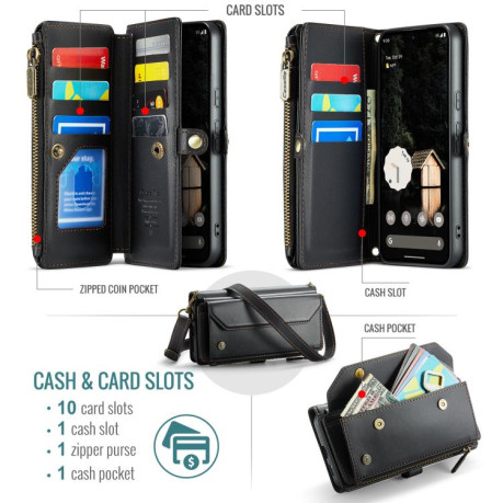 Чехол-книжка CaseMe C36 Card Slots Zipper Wallet RFID Anti-theft Leather для Google Pixel 9a - черный