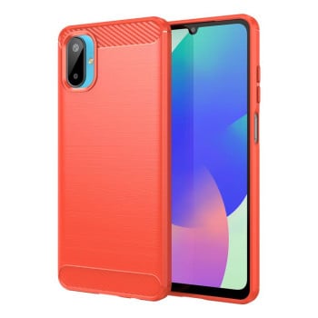 Противоударный чехол Brushed Texture Carbon Fiber на Samsung Galaxy M06 5G - красный