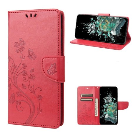 Чехол-книжка Butterfly Flower Pattern для OnePlus 10T - красный