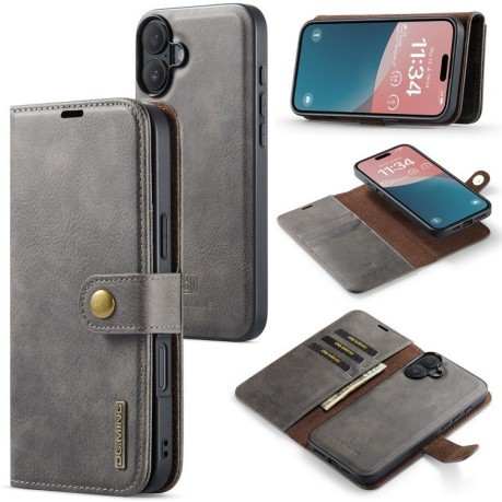 Чохол-книжка DGMING Crazy Horse Texture для iPhone 16 - сірий