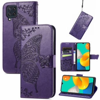 Чехол-книжка Butterfly Love Flowers Embossing на Samsung Galaxy M32/A22 4G - фиолетовый