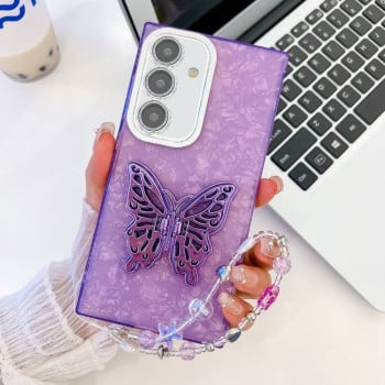 Противоударный чехол Plating Glitter Lens Film Texture Butterfly Holder Wristband для Samsung Galaxy A16 5G - Purple Shell Pattern