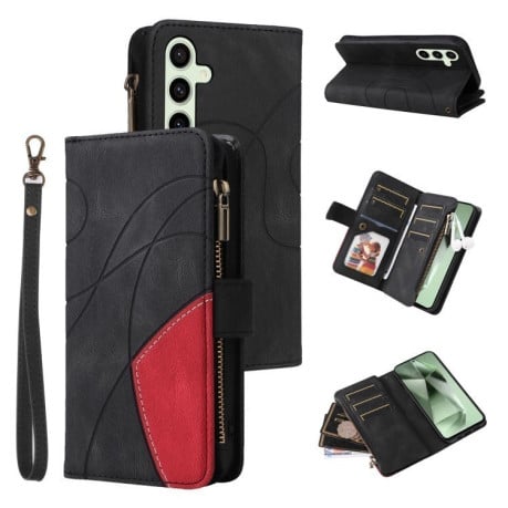 Чехол-книжка Dual-color 9 Card Slots Zipper Wallet Leather для Samsung Galaxy S24 FE 5G - черный