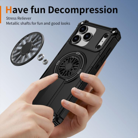 Противоударный чехол Shockproof Kickstand Metallic Shaft MagSafe на iPhone 17 Pro - черный