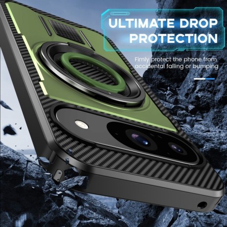 Протиударний чохол Ring Holder Carbon Fiber PC Hybrid TPU для Google Pixel 9/9 Pro - зелений