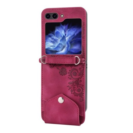 Противоударный чехол Skin Feel Flowers Embossed Wallet для Samsung Galaxy Flip 5 - красный