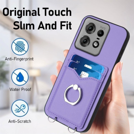 Протиударний чохол R20 Ring Card Holder для Motorola Edge 50 Pro 5G - фіолетовий