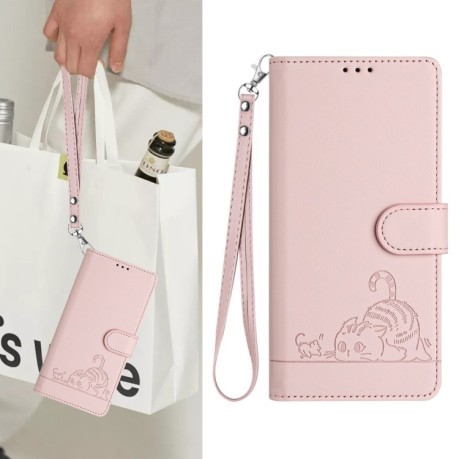 Чехол-книжка Cat Embossing Pattern на Realme GT 7 Pro 5G - розовый
