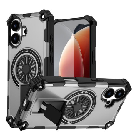 Противоударный чехол Shockproof Kickstand Metallic Shaft MagSafe на iPhone 17 - серебристый