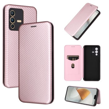 Чехол-книжка Carbon Fiber Texture на Vivo S12 5G/V23 5G - розовое золото