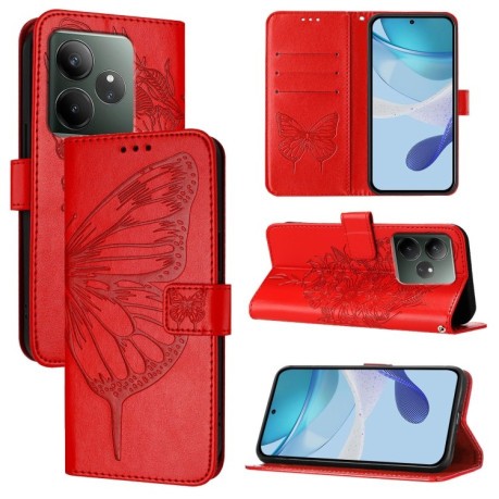 Чехол-книжка Embossed Butterfly для Realme GT 6T 5G Global - красный