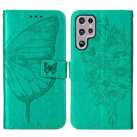 Чехол-книжка Embossed Butterfly для Samsung Galaxy S22 Ultra 5G - зеленый