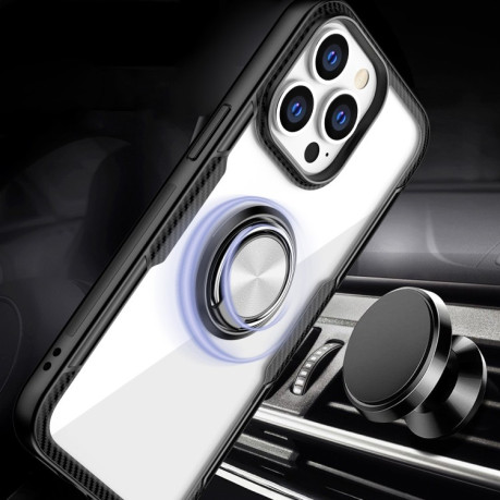 Противоударный чехол Acrylic Ring Holder на iPhone 13 Pro Max - черно-серебристый