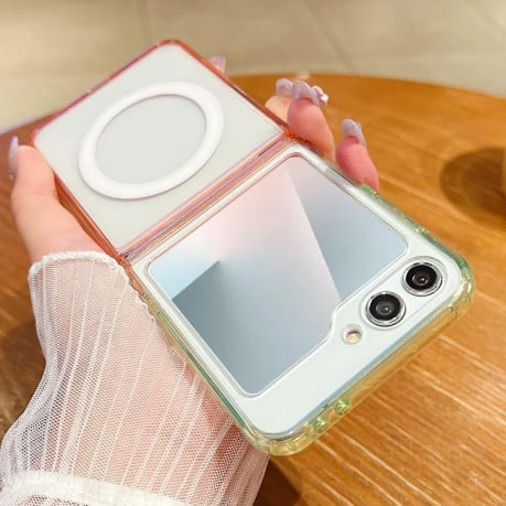 Прозрачный чехол с контрастными градиентом с MagSafe для Samsung Galaxy Flip 7 5G - Fluorescent Green + Light Pink