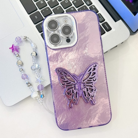 Противоударный чехол Plating Glitter Lens Film Texture Butterfly Holder Wristband для iPhone 16 Pro Max - Purple Tinfoil Texture