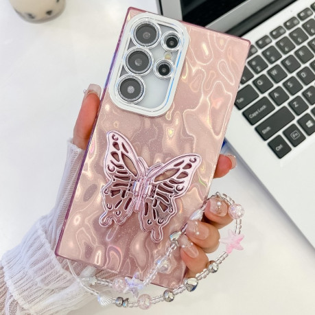Протиударний чохол Plating Glitter Lens Film Texture Butterfly Holder Wristband  для Samsung Galaxy S25 Ultra 5G - Pink Tinfoil Texture