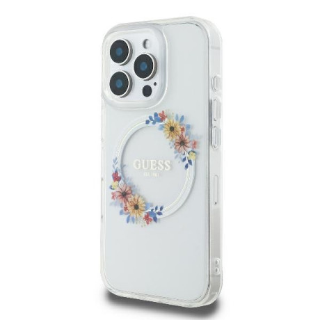 Оригинальный чехол Guess IML Flowers Wreath MagSafe для iPhone 16 Pro Max - Clear