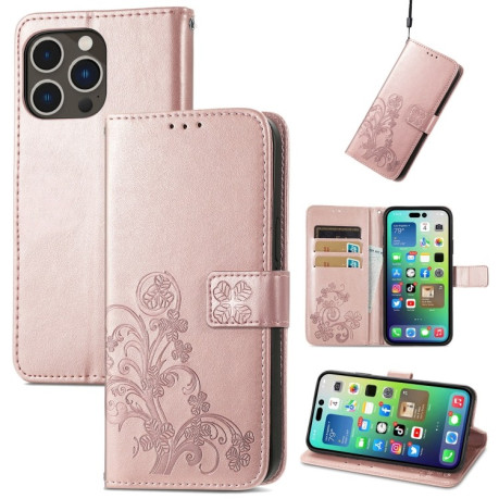 Чехол Four-leaf Clasp Embossed Buckle на iPhone 15 Pro - розовое золото