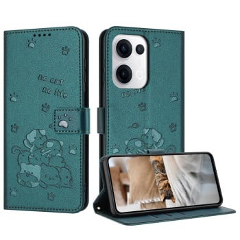 Чехол-книжка Embossed Kitten Phone Leather для OPPO Reno13 5G Global - зеленый