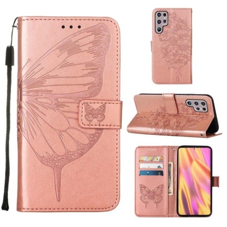 Чехол-книжка Embossed Butterfly для Samsung Galaxy S22 Ultra 5G - розовое золото