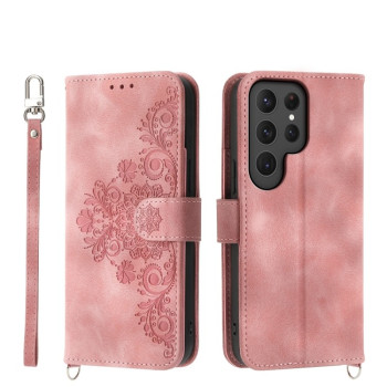 Чехол-книжка Skin-feel Flowers Embossed для Samsung Galaxy S24 Ultra 5G - розовый