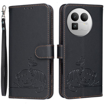 Чехол-книжка Cat Butterfly Embossed RFID Vegan с ремешком на Realme GT8 Pro Global — чёрный