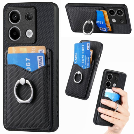 Противоударный чехол Carbon Fiber Card Wallet Ring Holder для Xiaomi Redmi Note 13 Pro+ 5G - черный