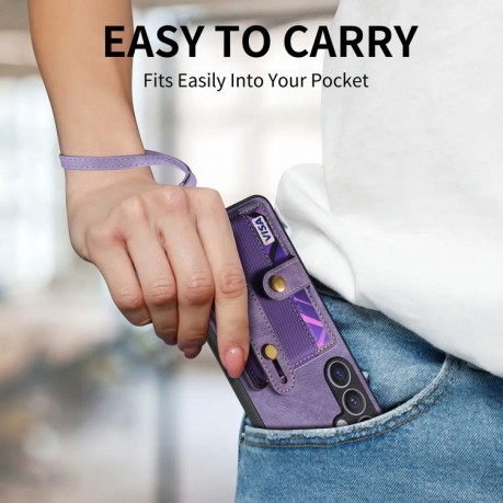 Противоударный чехол Retro Cross Wristband Wallet Leather для Samsung Galaxy S24 5G - фиолетовый
