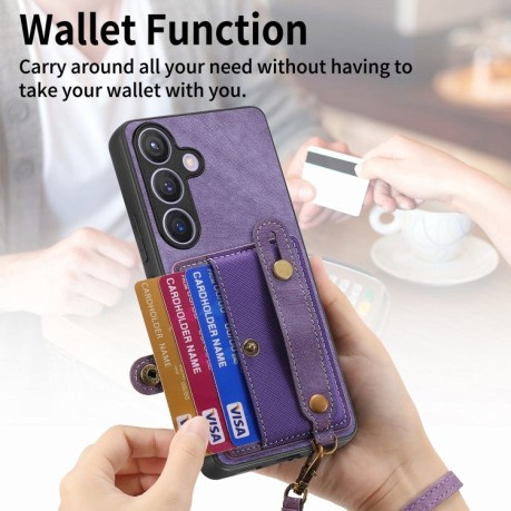 Противоударный чехол Retro Cross Wristband Wallet Leather для Samsung Galaxy S24+ 5G - фиолетовый