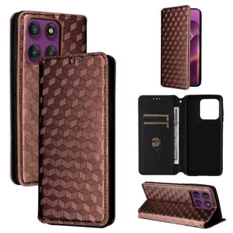 Чехол-книжка Cubic Grid Calf Texture для Motorola Edge 60 Pro - коричневый