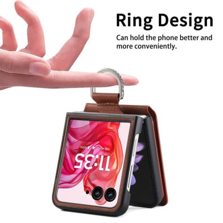 Противоударний чехол Litchi Texture Leather Ring Wallet на Motorola Razr 60 Ultra - коричневий