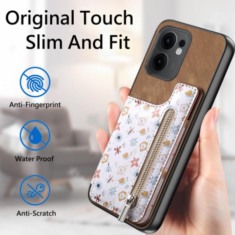 Противоударный чехол Retro Painted Zipper Wallet для OPPO Reno13 F 5G - коричневый