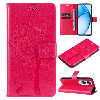 Чехол-книжка Tree &amp; Cat Embossed Pattern для OPPO A60 4G - пурпурно-красный