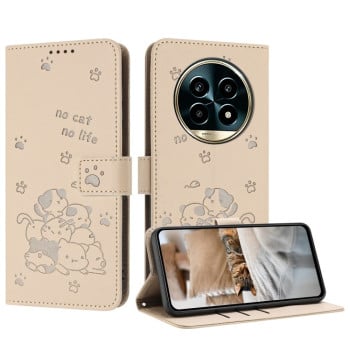 Чехол-книжка Embossed Kitten Phone Leather Case with Lanyard для Realme 13 Pro 5G - бежевый