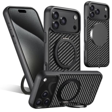 Противоударный чехол Suteni G3 Carbon Fiber с подставкой 360 и MagSafe на iPhone 17 Pro - черный