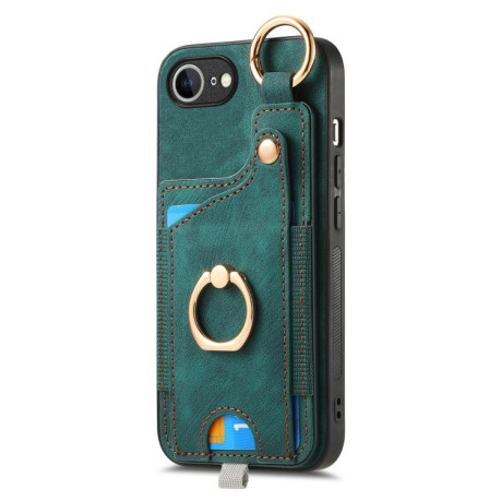 Чехол Retro Skin-feel Ring Card Bag для iPhone 16e - зеленый