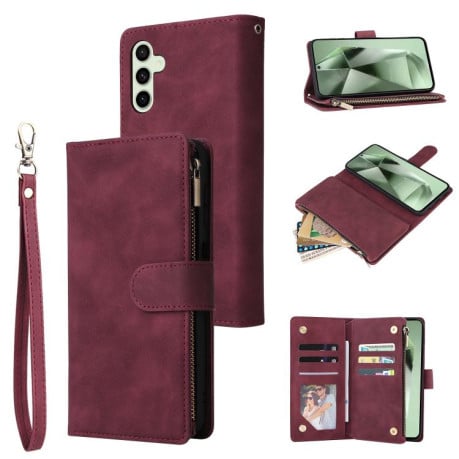 Чехол-книжка Multifunctional Frosted Zipper Wallet с матовой фактурой и ремешком на Samsung Galaxy S25 FE 5G - винно-красный