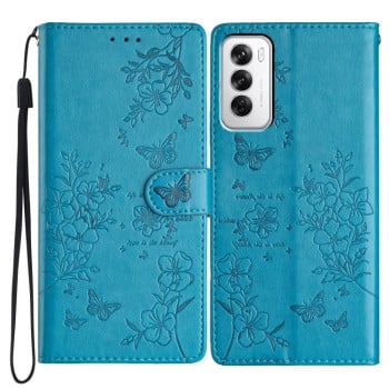 Чехол-книжка Butterflies and Flowers Leather для OPPO Reno 12 5G Global - синий