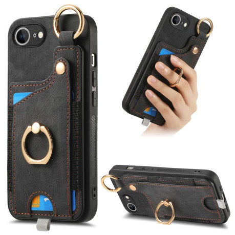 Чехол Retro Skin-feel Ring Card Bag для iPhone 16e - черный