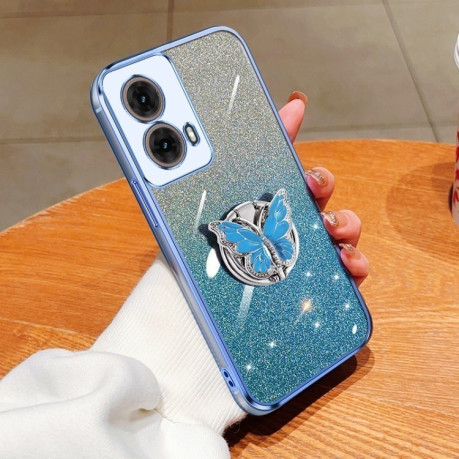 Противоударный чехол Plated Gradient Glitter Butterfly Holder для Motorola Moto G85 - голубой
