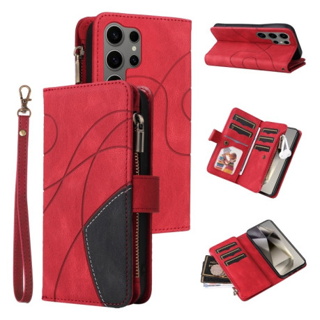Чехол-книжка Dual-color 9 Card Slots Zipper Wallet Leather для Samsung Galaxy S25 Ultra 5G - красный