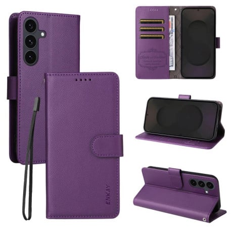 Чохол-книжка ENKAY RFID Blocking Wallet Kickstand з фактурою Litchi та магнітним хлястиком на Samsung Galaxy S25 FE 5G - фіолетовий