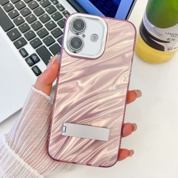 Противоударный чехол Plating Glitter Texture Fold Holder TPU Phone Case with Lens Film для iPhone 16 - Pink Water Ripples