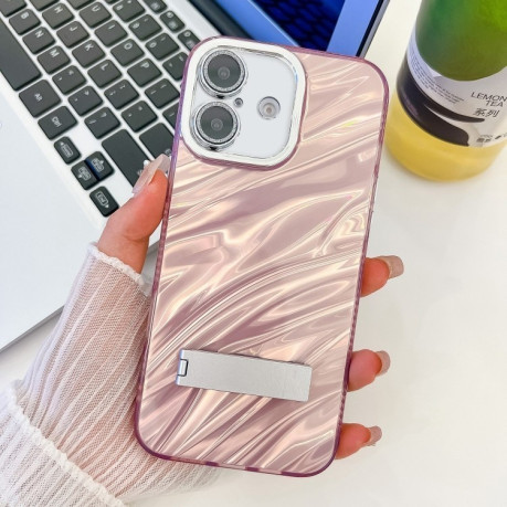 Противоударный чехол Plating Glitter Texture Fold Holder TPU Phone Case with Lens Film для iPhone 16 - Pink Water Ripples