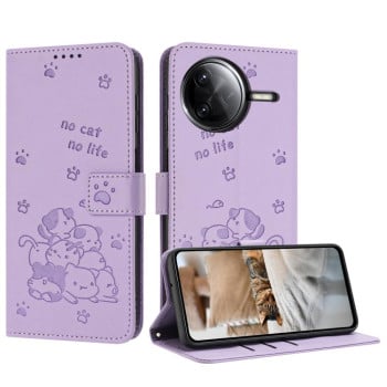 Чехол-книжка Embossed Kitten Phone Leather для Xiaomi Poco F7 Pro / F7 Ultra - фиолетовый