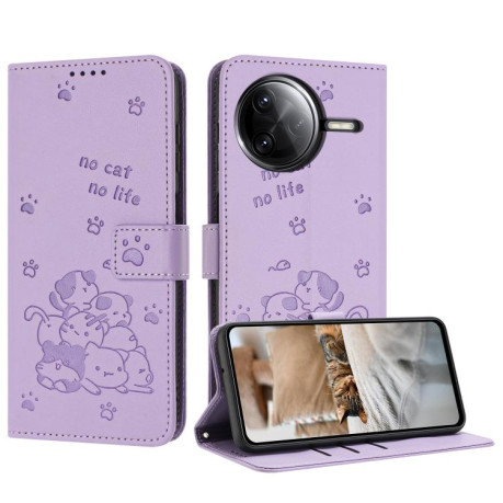 Чохол-книжка Embossed Kitten Phone Leather для Xiaomi Poco F7 Pro / F7 Ultra - фіолетовий