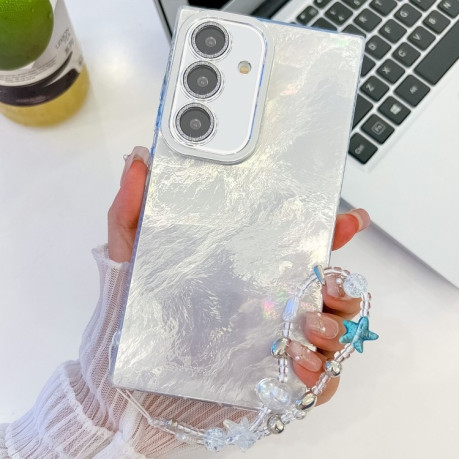 Противоударный чехол Plating Glitter Texture Chain для Samsung Galaxy S25 5G - White Tinfoil Texture