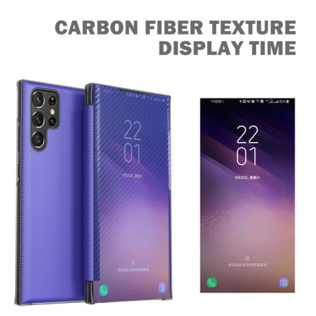 Чехол-книжка Carbon Fiber Texture View Time для Samsung Galaxy S22 Ultra 5G - черный